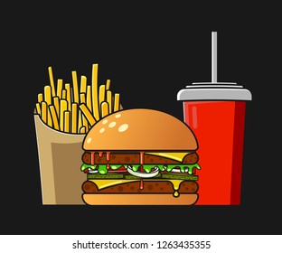 Fast food icon. Flat style. Colorful vector illustration on a dark background. Red cola paper cup with straw, small box of french fries and meat burger with cheese, ketchup and cucumbers - Vector