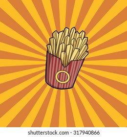 Fast food icon, French fries, abstract burst, vector illustration