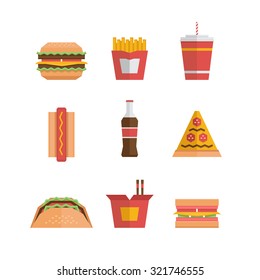 Fast food icon - hamburger, french fries, soda, pizza, hotdog, tacos, sandwich, noodle. Flat design. Vector Illustration.