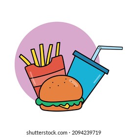 Fast food icon. Hamburger, soda and French fries. Vector illustration