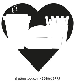 Fast food icon. Heart shaped frame. Coffee burger fries. Vector black symbol.