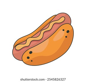 Ícone de fast food. Cachorro-quente com salsicha e mostarda. Comer comida de viagem e fast food. Menu Café ou catering. Adesivo para redes sociais. Ilustração de vetor linear isolada no plano de fundo branco