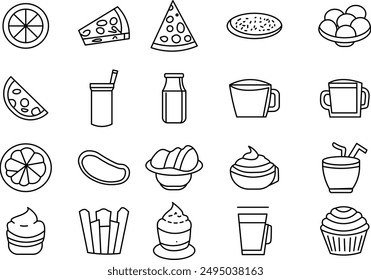 fast food icon illustration set and signs black and white drawings and sketches