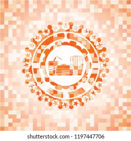 fast food icon inside abstract orange mosaic emblem with background