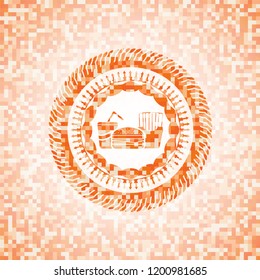 fast food icon inside abstract emblem, orange mosaic background
