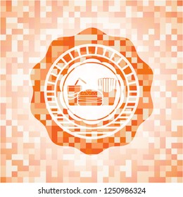 fast food icon inside abstract orange mosaic emblem with background