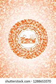 fast food icon inside abstract emblem, orange mosaic background