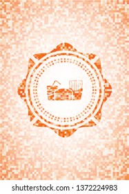 fast food icon inside abstract emblem, orange mosaic background