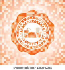fast food icon inside abstract emblem, orange mosaic background