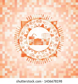 fast food icon inside abstract emblem, orange mosaic background