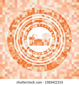 fast food icon inside abstract emblem, orange mosaic background