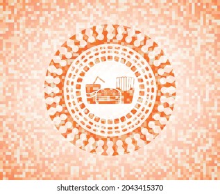 fast food icon inside abstract orange mosaic emblem with background. 