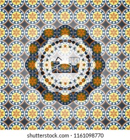 fast food icon inside arabesque style emblem. arabic decoration.