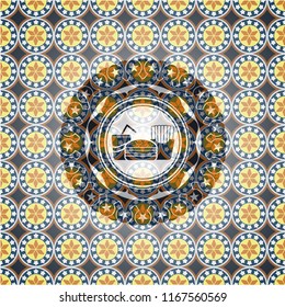 fast food icon inside arabesque style emblem. arabic decoration.