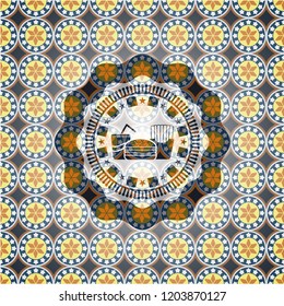 fast food icon inside arabesque emblem. arabic decoration.