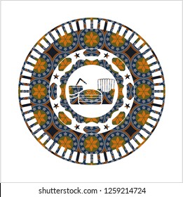fast food icon inside arabesque style emblem. arabic decoration.