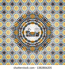 fast food icon inside arabesque emblem. arabic decoration.