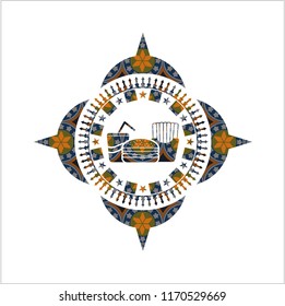 fast food icon inside arabic badge background. Arabesque decoration.