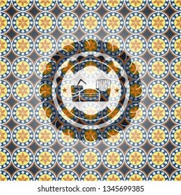 fast food icon inside arabic emblem. Arabesque decoration.