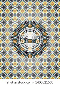 fast food icon inside arabic emblem background. Arabesque decoration.
