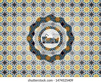 fast food icon inside arabic style emblem. Arabesque decoration.