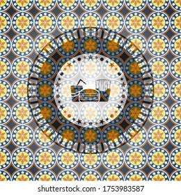 icono de comida rápida dentro del emblema de estilo árabe. Decoración árabe. 