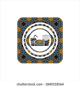 fast food icon inside arabic emblem background. Arabesque decoration. 