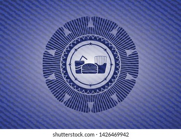 fast food icon inside badge with denim background