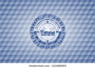 fast food icon inside blue hexagon emblem.