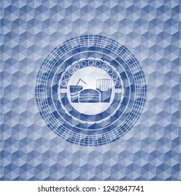 fast food icon inside blue hexagon badge.