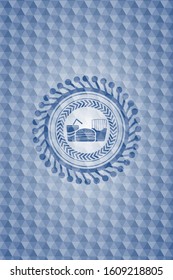 fast food icon inside blue emblem or badge with abstract geometric pattern background.