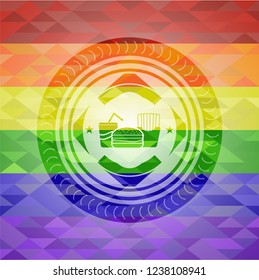 fast food icon inside emblem on mosaic background with the colors of the LGBT flag