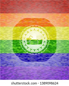 fast food icon inside emblem on mosaic background with the colors of the LGBT flag