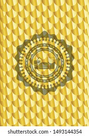 fast food icon inside gold badge or emblem. Scales pattern. Vector Illustration. Detailed.