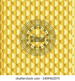 fast food icon inside golden emblem or badge. Scales pattern. Vector Illustration. Detailed.