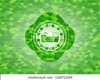 fast food icon inside green emblem with triangle mosaic background