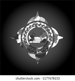 fast food icon inside grey camouflage emblem