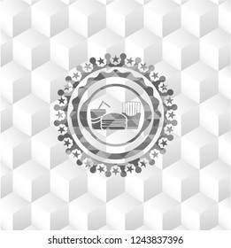 fast food icon inside grey emblem with cube white background