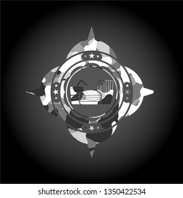 fast food icon inside grey camo emblem