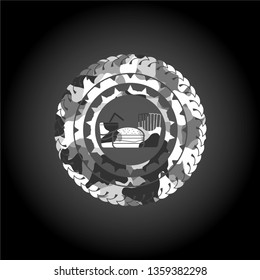 fast food icon inside grey camouflage emblem