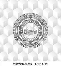 fast food icon inside grey emblem with cube white background