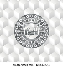 fast food icon inside grey badge with geometric cube white background