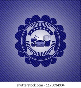 fast food icon inside jean or denim emblem or badge background
