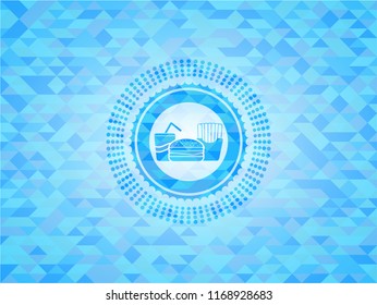 fast food icon inside light blue emblem with mosaic background