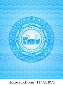 fast food icon inside light blue water wave style badge.