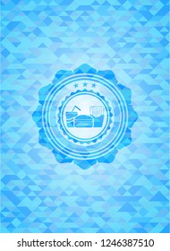 fast food icon inside light blue emblem with triangle mosaic background
