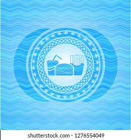 fast food icon inside light blue water wave emblem background.