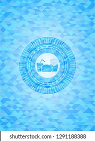 fast food icon inside light blue emblem with mosaic ecological style background