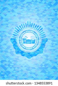 fast food icon inside light blue emblem with triangle mosaic background
