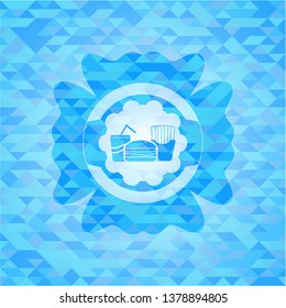 fast food icon inside light blue emblem with triangle mosaic background